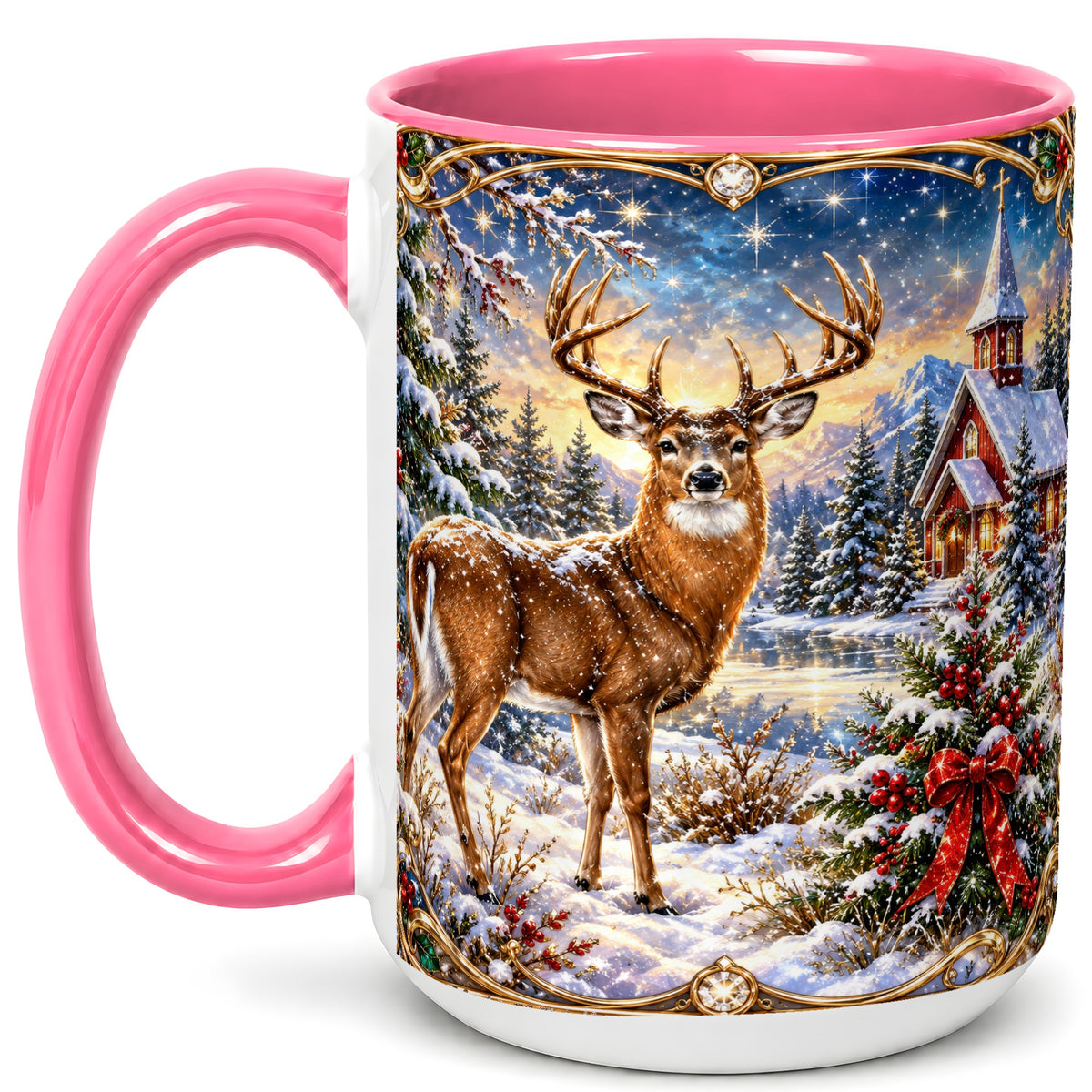 #pl[15oz|Pink] Christmas Deer Church Coffee Mug, Winter Woodland Mug, Ceramic Cup