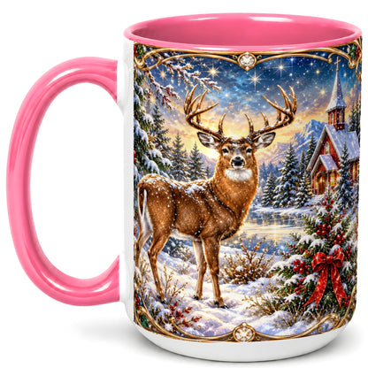 #pl[15oz|Pink] Christmas Deer Church Coffee Mug, Winter Woodland Mug, Ceramic Cup