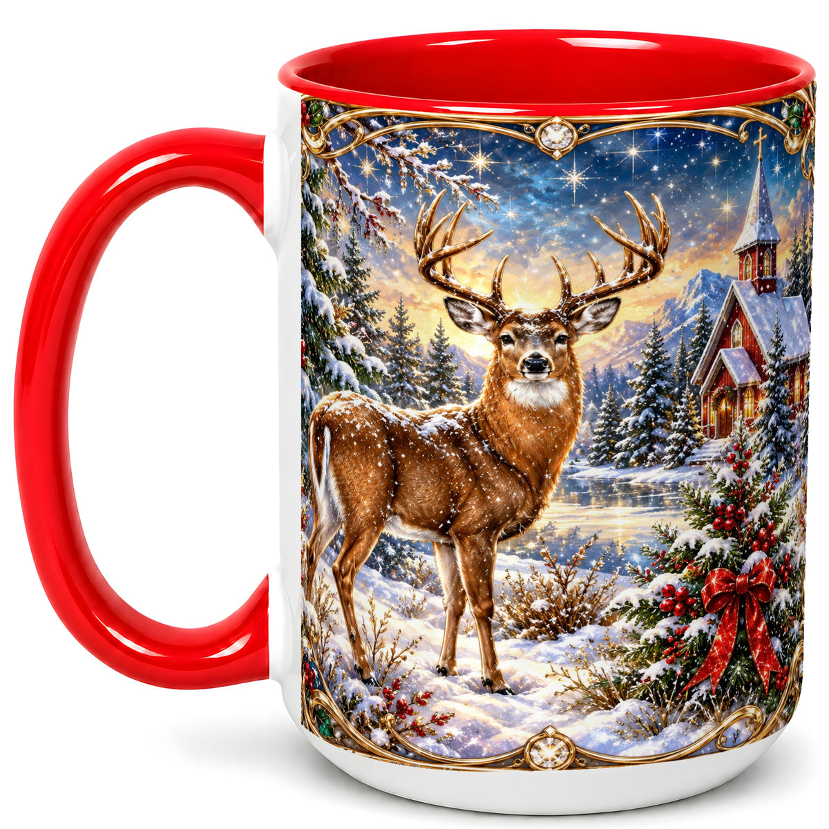 #pl[15oz|Red] Christmas Deer Church Coffee Mug, Winter Woodland Mug, Ceramic Cup