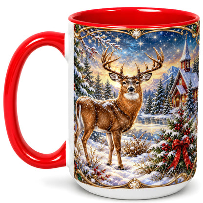 #pl[15oz|Red] Christmas Deer Church Coffee Mug, Winter Woodland Mug, Ceramic Cup