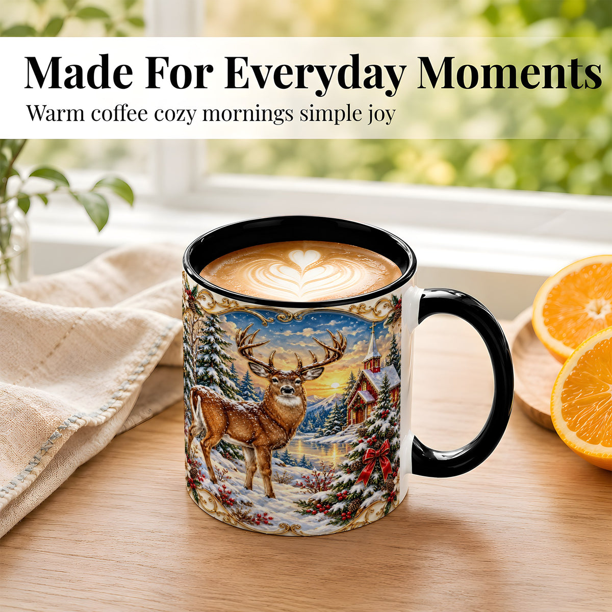 #pl[11oz|Black] Winter Deer Coffee Mug, Christmas Forest Mug, Ceramic Cup
