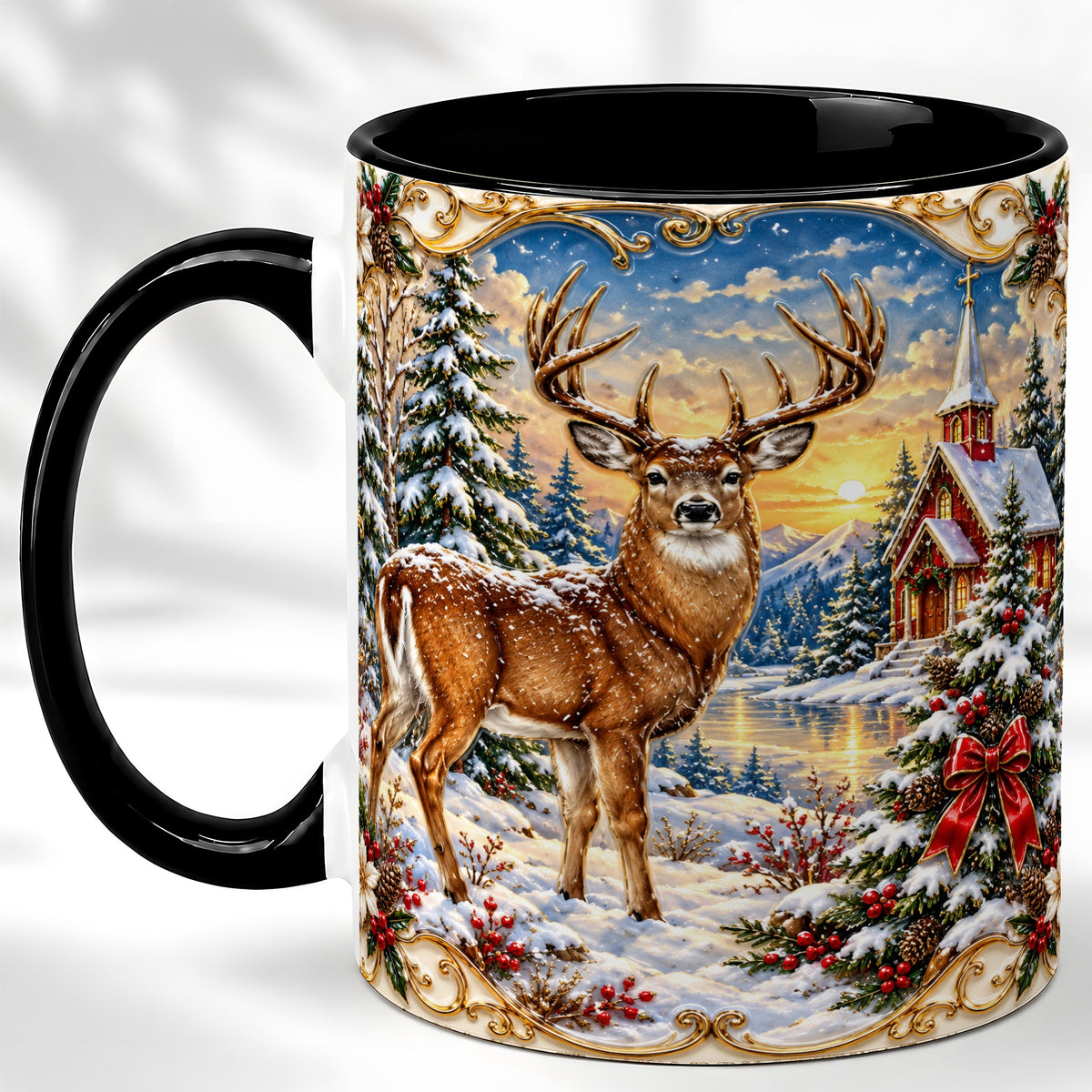 #pl[11oz|Black] Winter Deer Coffee Mug, Christmas Forest Mug, Ceramic Cup