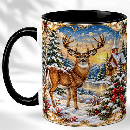 #pl[11oz|Black] Winter Deer Coffee Mug, Christmas Forest Mug, Ceramic Cup