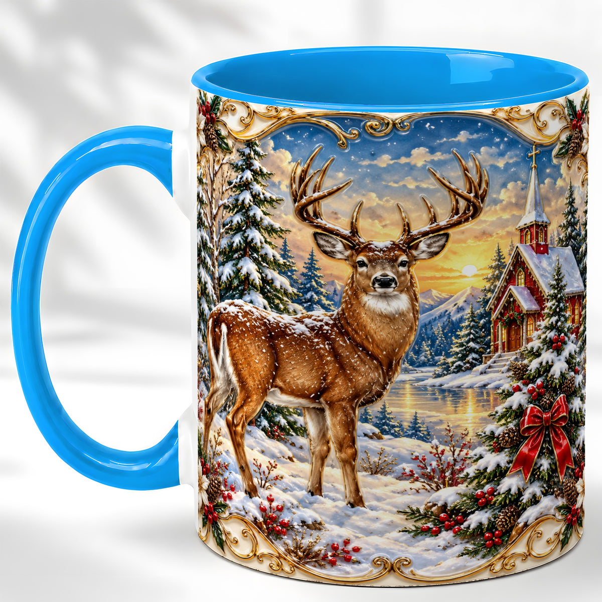 #pl[11oz|Blue] Winter Deer Coffee Mug, Christmas Forest Mug, Ceramic Cup