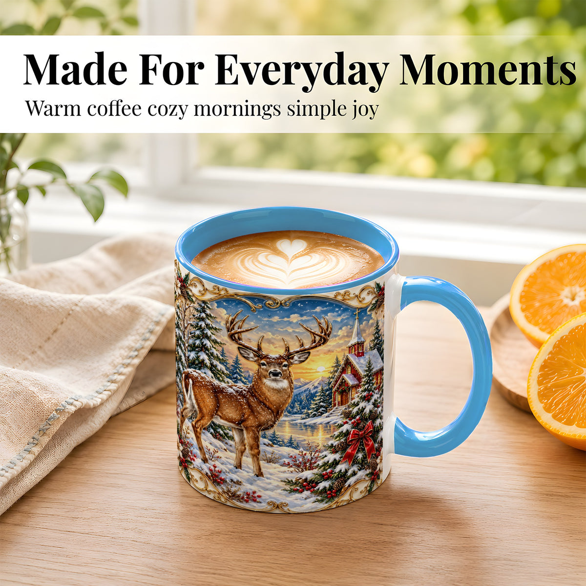 #pl[11oz|Blue] Winter Deer Coffee Mug, Christmas Forest Mug, Ceramic Cup