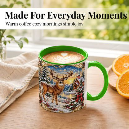 #pl[11oz|Green] Winter Deer Coffee Mug, Christmas Forest Mug, Ceramic Cup