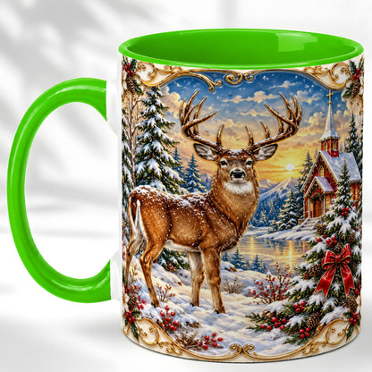 #pl[11oz|Green] Winter Deer Coffee Mug, Christmas Forest Mug, Ceramic Cup