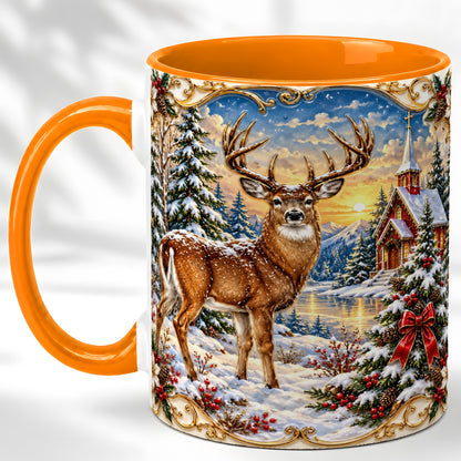 #pl[11oz|Orange] Winter Deer Coffee Mug, Christmas Forest Mug, Ceramic Cup
