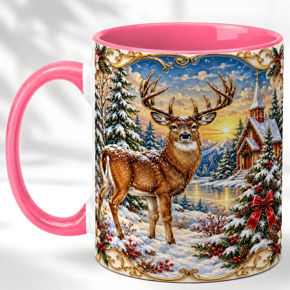 #pl[11oz|Pink] Winter Deer Coffee Mug, Christmas Forest Mug, Ceramic Cup