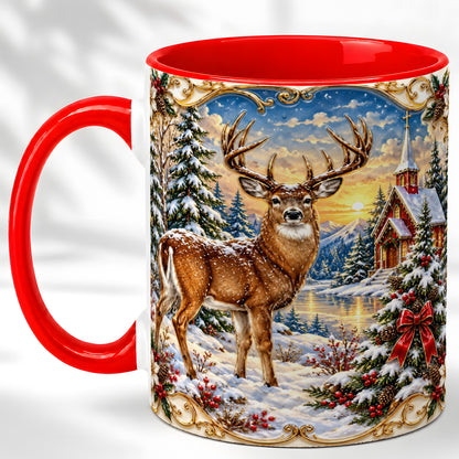 Winter Deer Coffee Mug, Christmas Forest Mug, Ceramic Cup