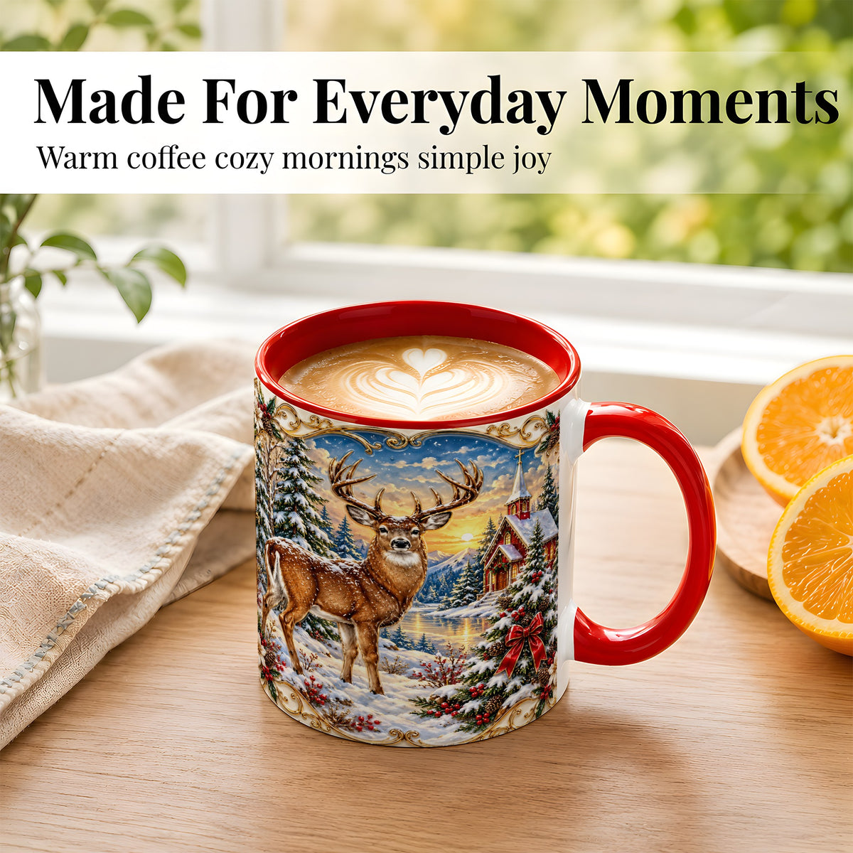 #pl[11oz|Red] Winter Deer Coffee Mug, Christmas Forest Mug, Ceramic Cup