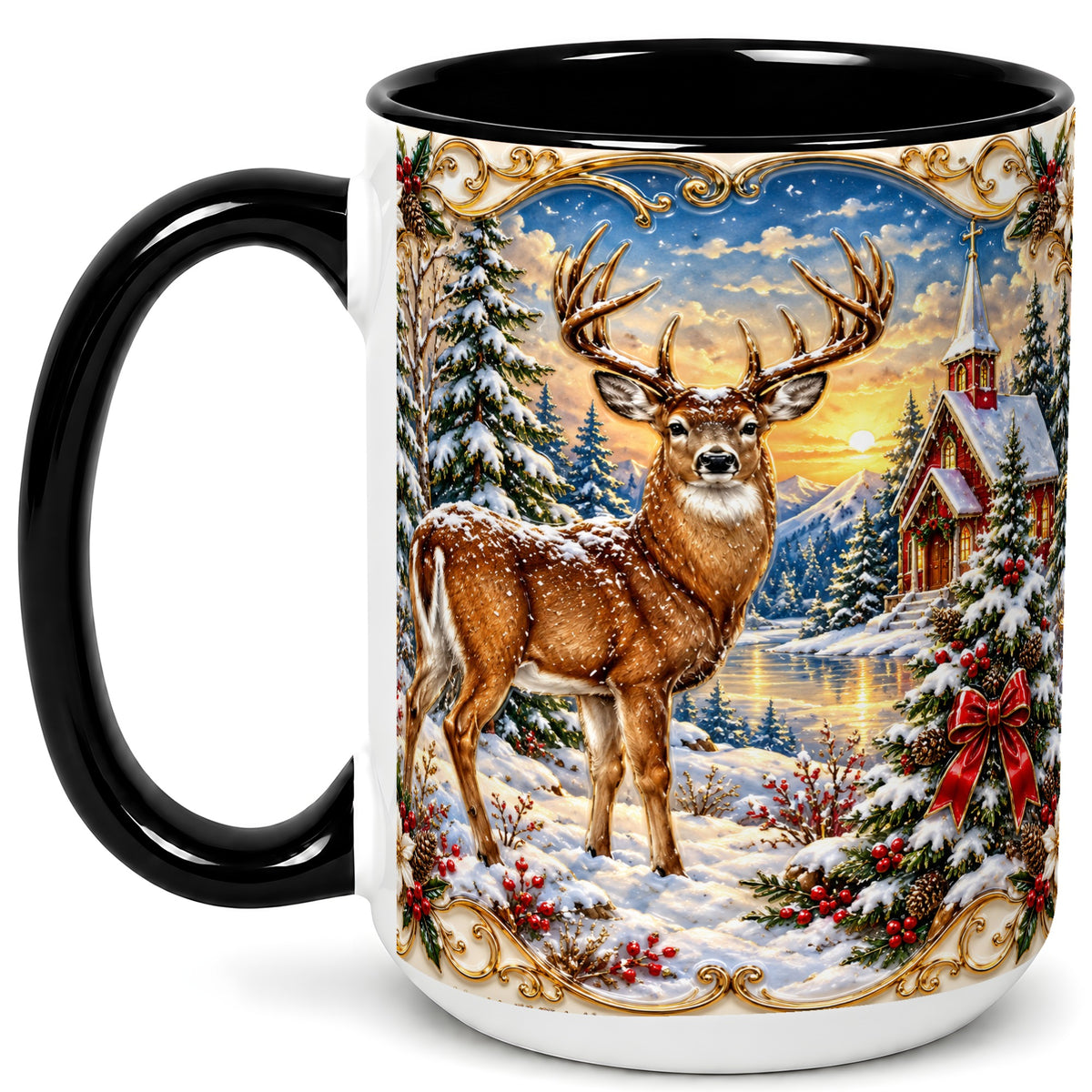 #pl[15oz|Black] Winter Deer Coffee Mug, Christmas Forest Mug, Ceramic Cup