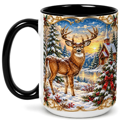 #pl[15oz|Black] Winter Deer Coffee Mug, Christmas Forest Mug, Ceramic Cup