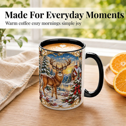 #pl[15oz|Black] Winter Deer Coffee Mug, Christmas Forest Mug, Ceramic Cup
