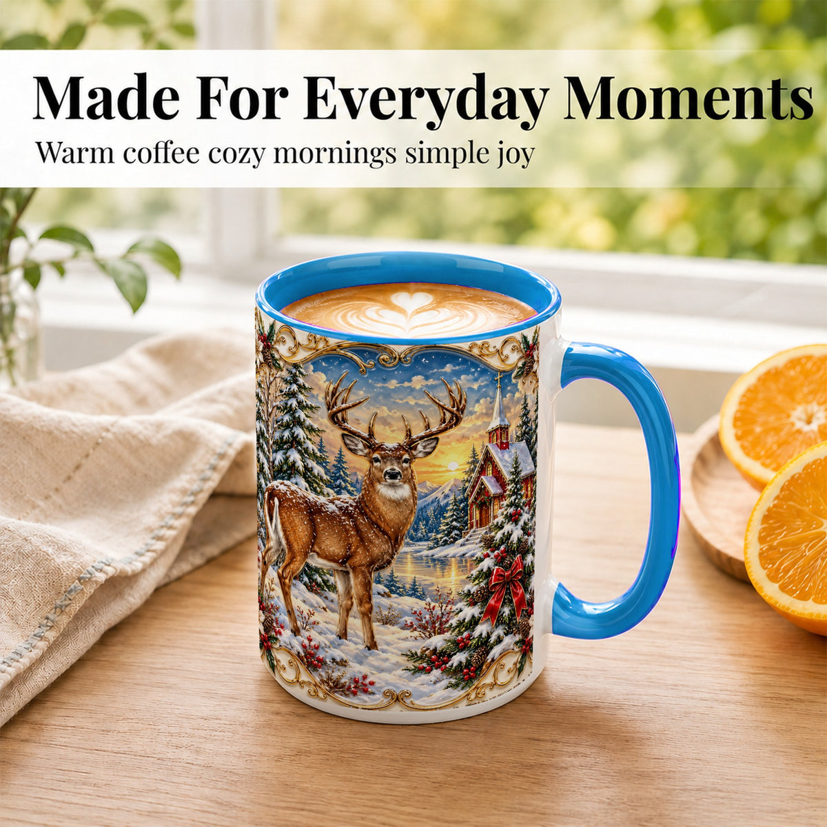 #pl[15oz|Blue] Winter Deer Coffee Mug, Christmas Forest Mug, Ceramic Cup