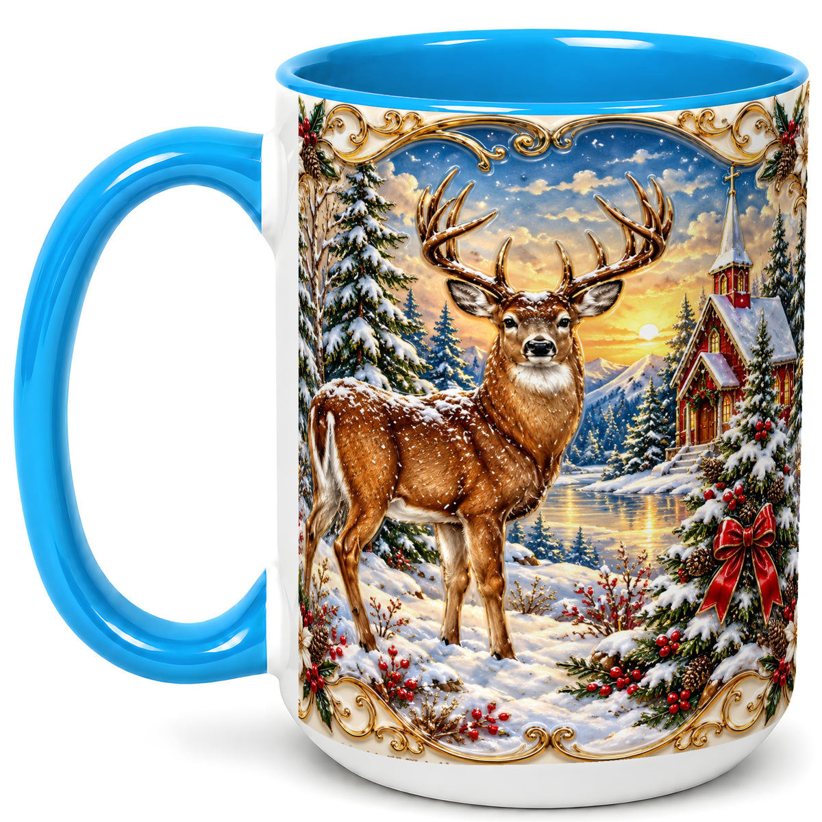 #pl[15oz|Blue] Winter Deer Coffee Mug, Christmas Forest Mug, Ceramic Cup
