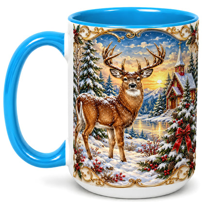 #pl[15oz|Blue] Winter Deer Coffee Mug, Christmas Forest Mug, Ceramic Cup