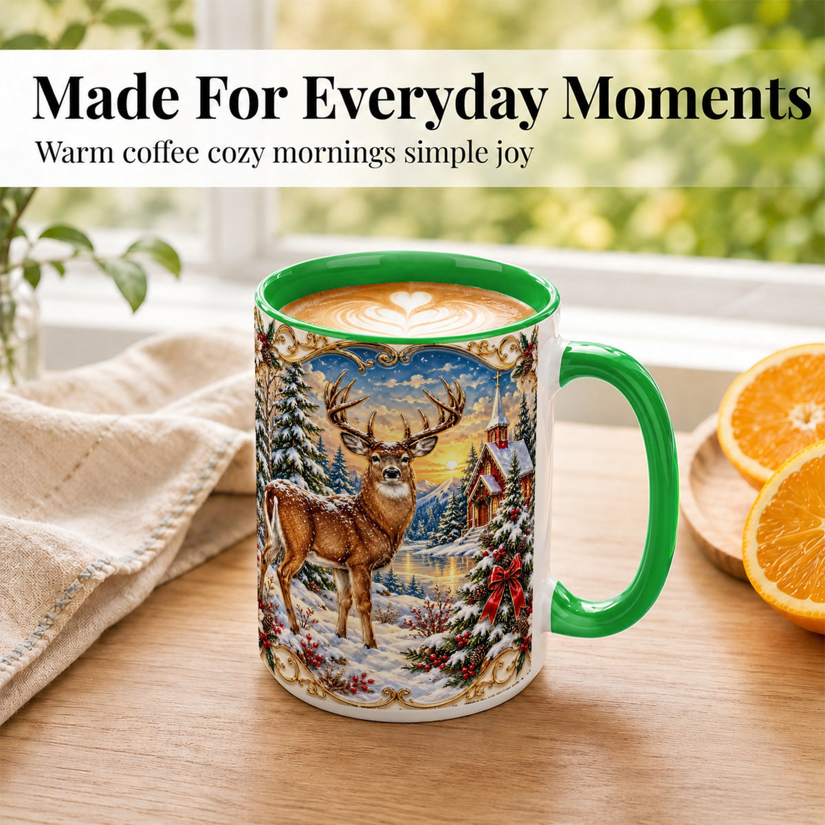 #pl[15oz|Green] Winter Deer Coffee Mug, Christmas Forest Mug, Ceramic Cup