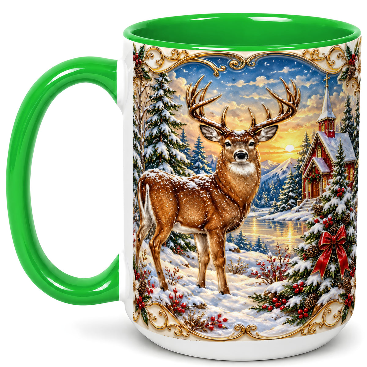 #pl[15oz|Green] Winter Deer Coffee Mug, Christmas Forest Mug, Ceramic Cup