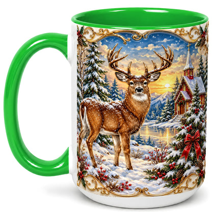 #pl[15oz|Green] Winter Deer Coffee Mug, Christmas Forest Mug, Ceramic Cup