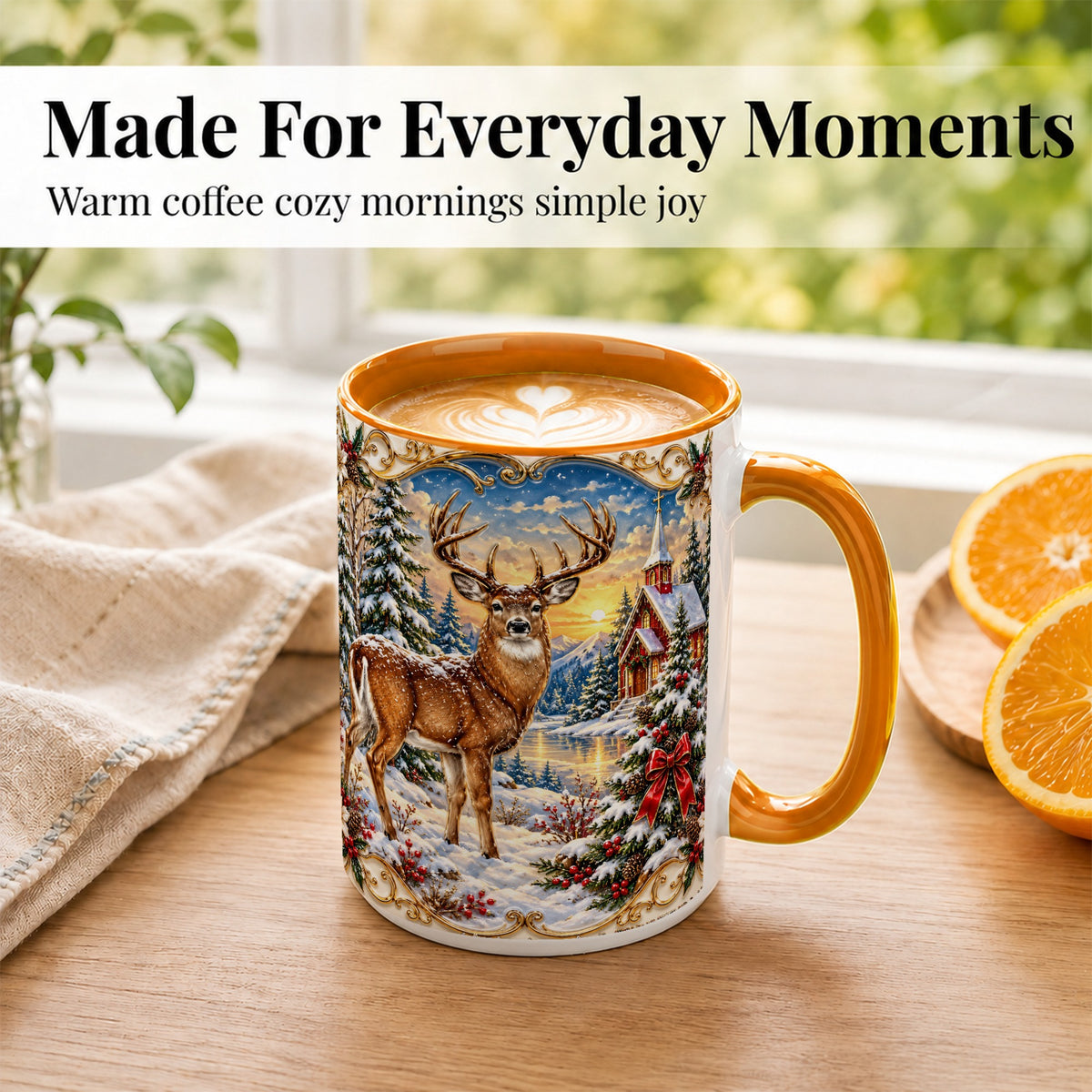 #pl[15oz|Orange] Winter Deer Coffee Mug, Christmas Forest Mug, Ceramic Cup
