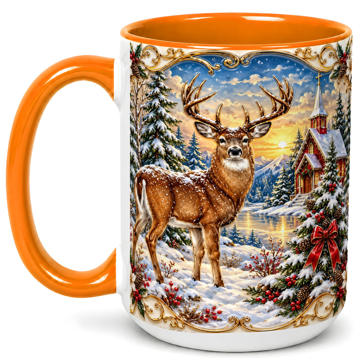 #pl[15oz|Orange] Winter Deer Coffee Mug, Christmas Forest Mug, Ceramic Cup