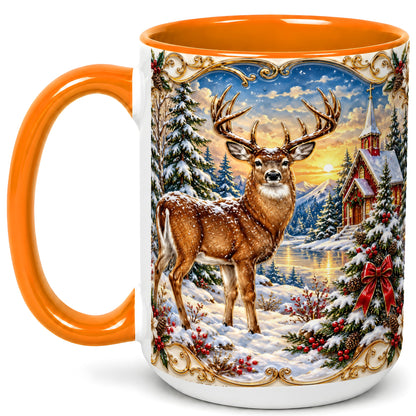 #pl[15oz|Orange] Winter Deer Coffee Mug, Christmas Forest Mug, Ceramic Cup