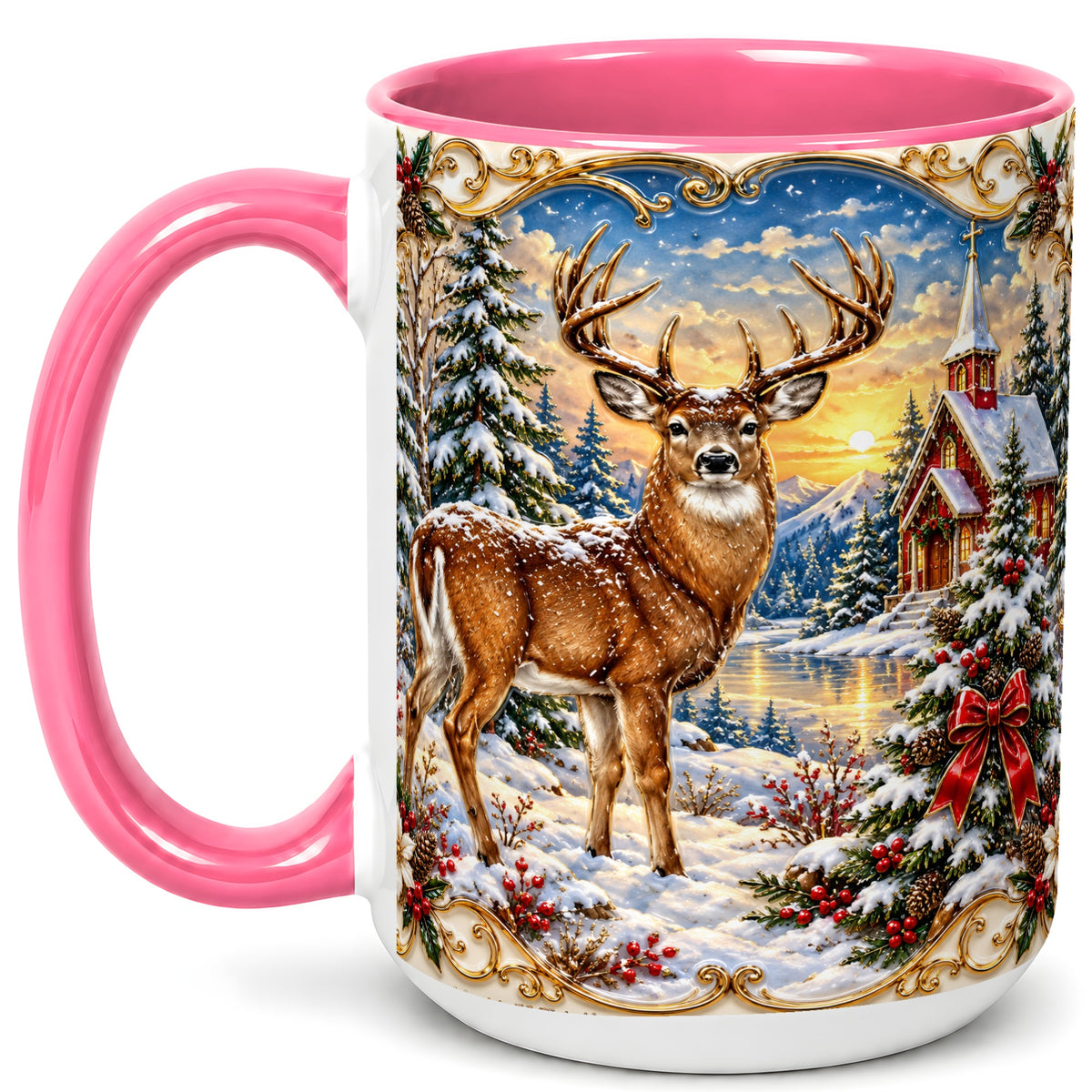 #pl[15oz|Pink] Winter Deer Coffee Mug, Christmas Forest Mug, Ceramic Cup
