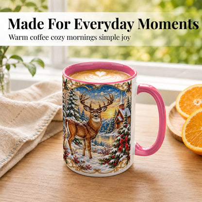 #pl[15oz|Pink] Winter Deer Coffee Mug, Christmas Forest Mug, Ceramic Cup