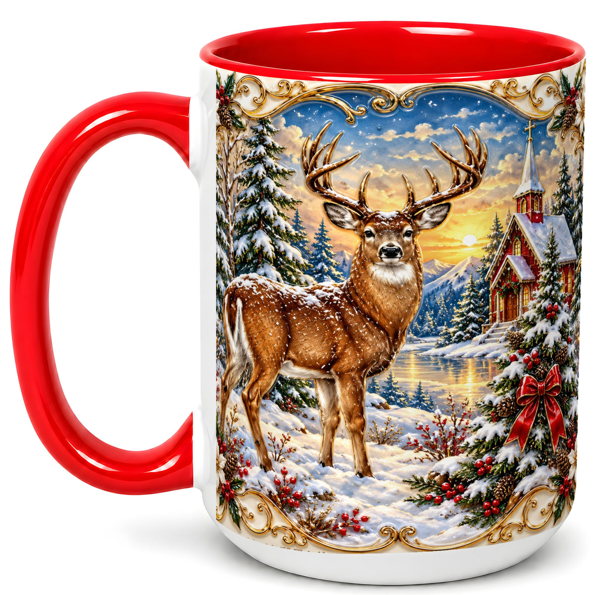 #pl[15oz|Red] Winter Deer Coffee Mug, Christmas Forest Mug, Ceramic Cup