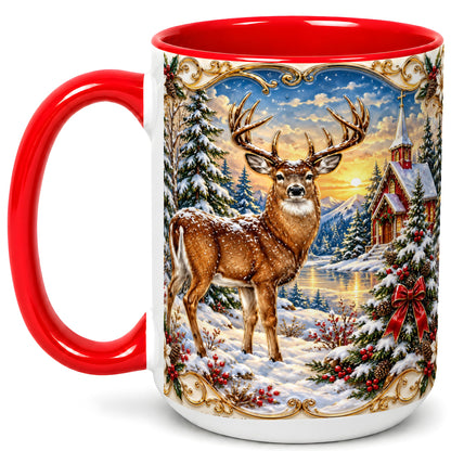 #pl[15oz|Red] Winter Deer Coffee Mug, Christmas Forest Mug, Ceramic Cup