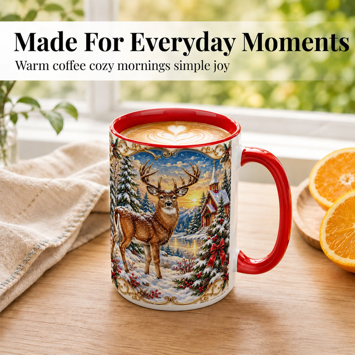 #pl[15oz|Red] Winter Deer Coffee Mug, Christmas Forest Mug, Ceramic Cup