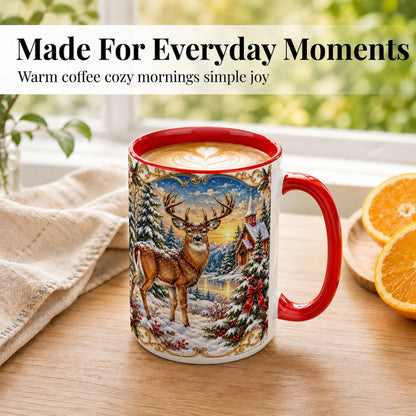 #pl[15oz|Red] Winter Deer Coffee Mug, Christmas Forest Mug, Ceramic Cup