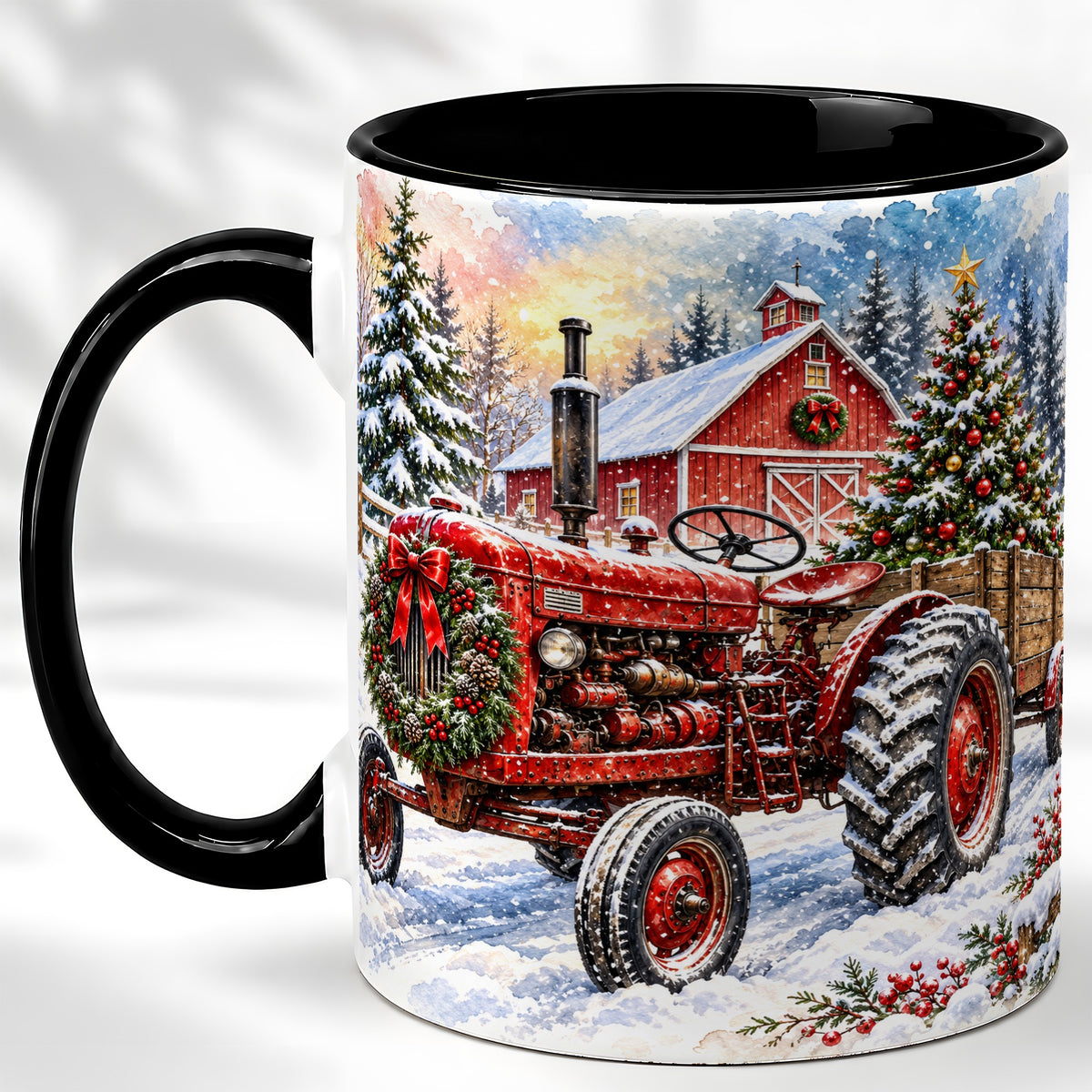 #pl[11oz|Black] Christmas Tractor Coffee Mug, Snowy Farm Mug, Ceramic Cup