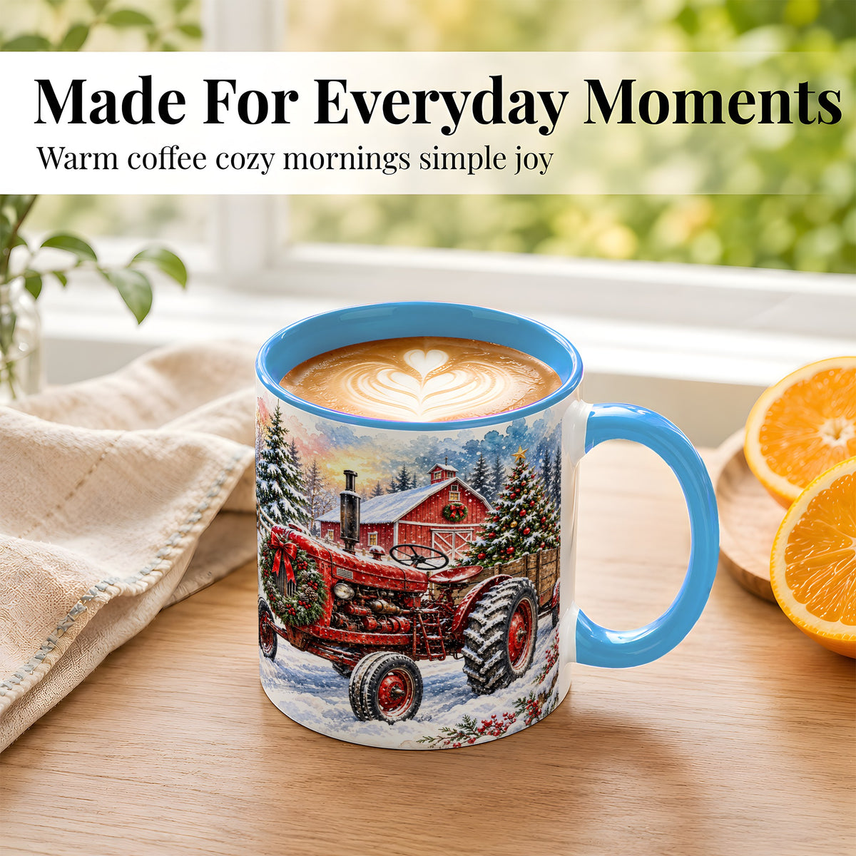 #pl[11oz|Blue] Christmas Tractor Coffee Mug, Snowy Farm Mug, Ceramic Cup