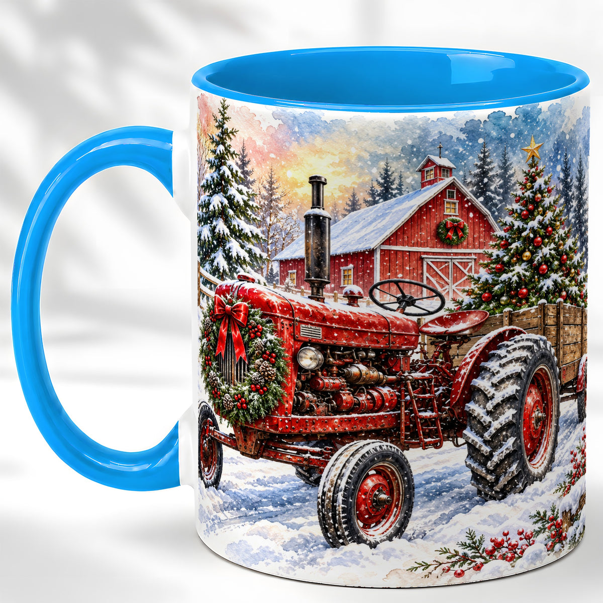 #pl[11oz|Blue] Christmas Tractor Coffee Mug, Snowy Farm Mug, Ceramic Cup