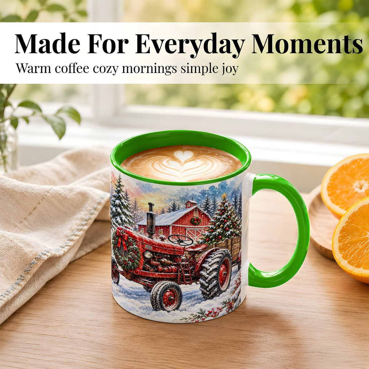 #pl[11oz|Green] Christmas Tractor Coffee Mug, Snowy Farm Mug, Ceramic Cup