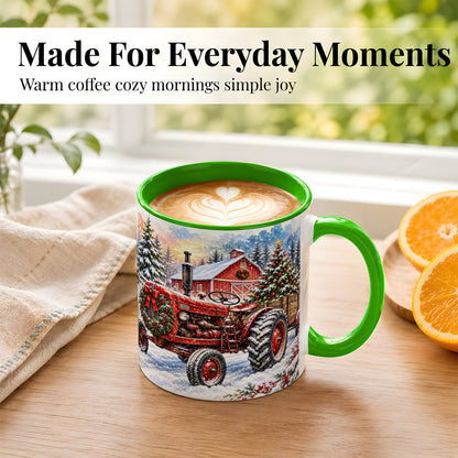 #pl[11oz|Green] Christmas Tractor Coffee Mug, Snowy Farm Mug, Ceramic Cup