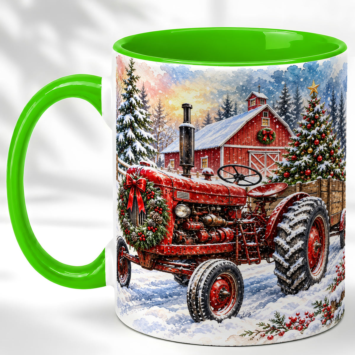#pl[11oz|Green] Christmas Tractor Coffee Mug, Snowy Farm Mug, Ceramic Cup