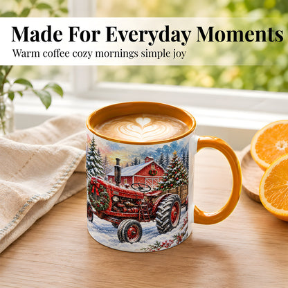 #pl[11oz|Orange] Christmas Tractor Coffee Mug, Snowy Farm Mug, Ceramic Cup