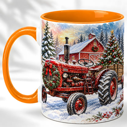#pl[11oz|Orange] Christmas Tractor Coffee Mug, Snowy Farm Mug, Ceramic Cup
