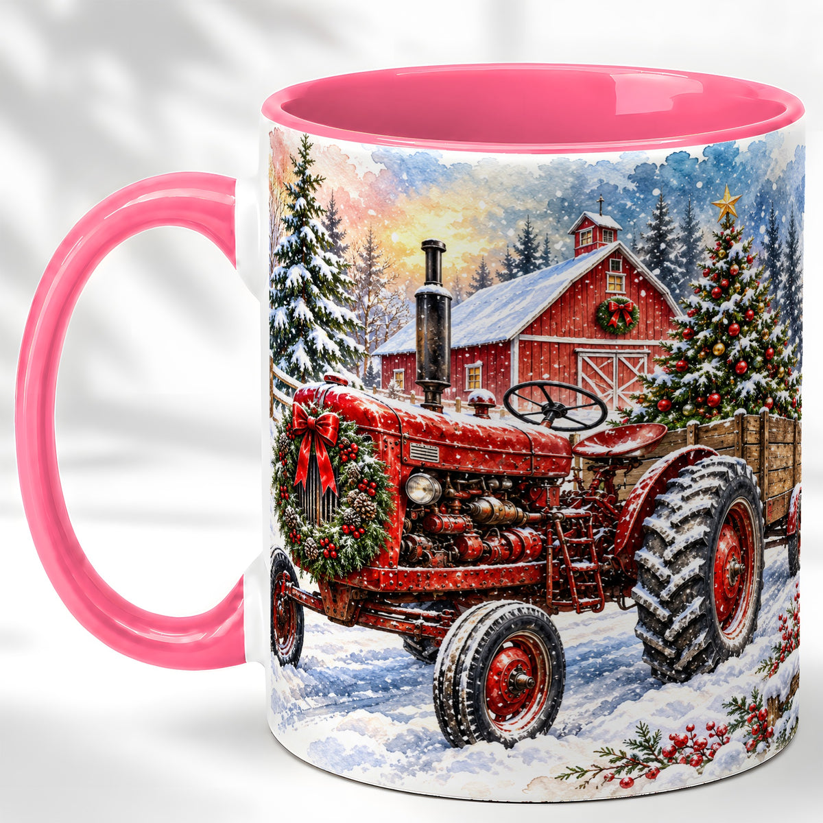 #pl[11oz|Pink] Christmas Tractor Coffee Mug, Snowy Farm Mug, Ceramic Cup
