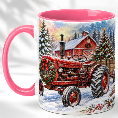#pl[11oz|Pink] Christmas Tractor Coffee Mug, Snowy Farm Mug, Ceramic Cup