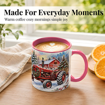 #pl[11oz|Pink] Christmas Tractor Coffee Mug, Snowy Farm Mug, Ceramic Cup