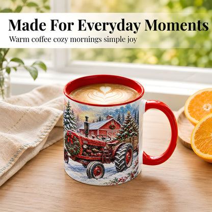 #pl[11oz|Red] Christmas Tractor Coffee Mug, Snowy Farm Mug, Ceramic Cup