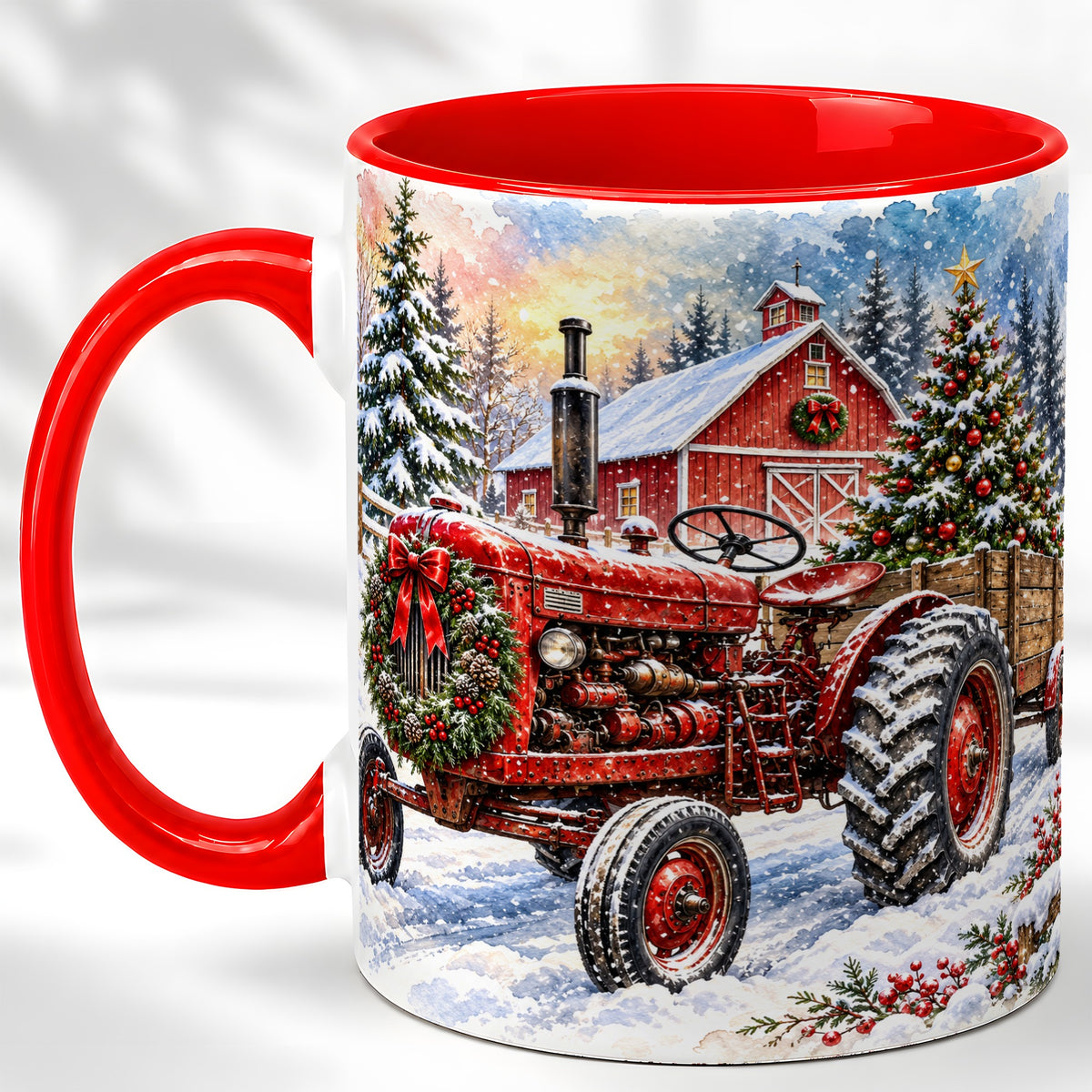 Christmas Tractor Coffee Mug, Snowy Farm Mug, Ceramic Cup