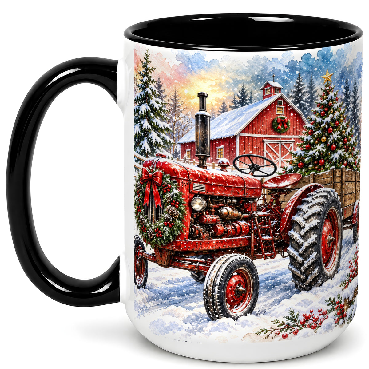 #pl[15oz|Black] Christmas Tractor Coffee Mug, Snowy Farm Mug, Ceramic Cup