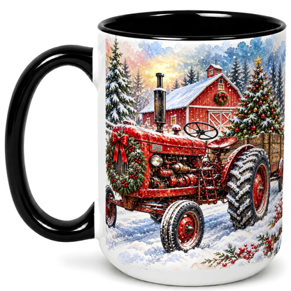 #pl[15oz|Black] Christmas Tractor Coffee Mug, Snowy Farm Mug, Ceramic Cup