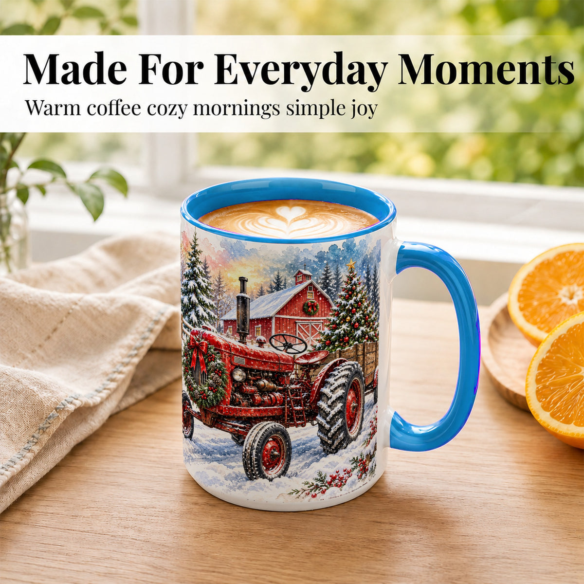 #pl[15oz|Blue] Christmas Tractor Coffee Mug, Snowy Farm Mug, Ceramic Cup