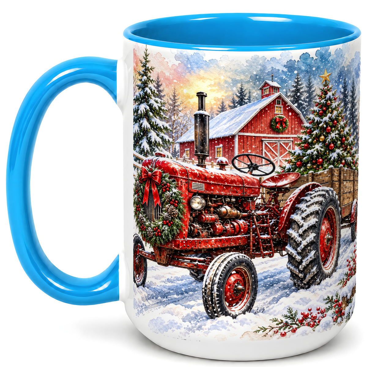 #pl[15oz|Blue] Christmas Tractor Coffee Mug, Snowy Farm Mug, Ceramic Cup